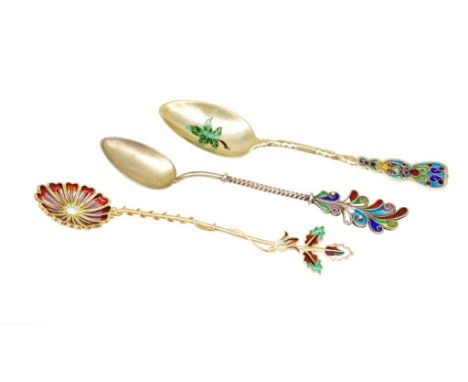 Three silver plique-a-jour coffee spoons including a Canadian example, 11cm long