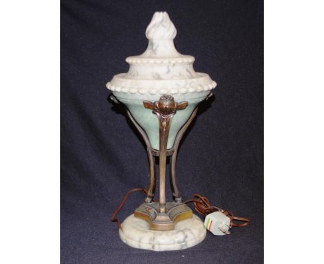 Antique  Alabaster &amp; cast metal table lamp with cherub form metal base supporting a lidded alabaster top, height 43cm app