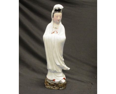 Chinese ceramic Guanyin figure standing figure, on embossed base, marked to base, (height 35cm approx).