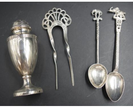 Vintage sterling silver pepperette etc hallmarks rubbed, (height 9cm approx); together with an Edward VII sterling silver hai