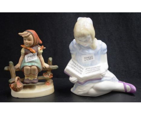 Goebel Hummel young girl on the fence figurine together with a Coalport Alice in Wonderland figurine, height 12cm approx