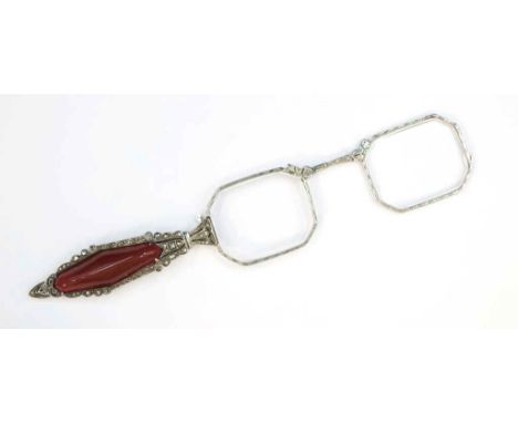 Silver, Carnelian &amp; Marcasite dress clip lorgnette Marked 935 Silver under bridge.