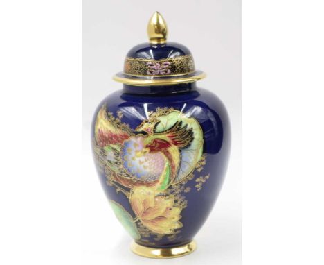 Carlton ware lidded vase 'Crested Bird with Waterlily' , circa 1931-32, blue background with enamel and gilt highlights, heig