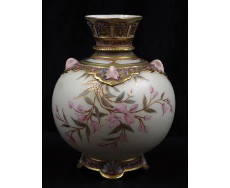 Royal Worcester blush ivory handpainted vase with handpainted pink lower sprays, ornate in relief and gilt highlight decorati