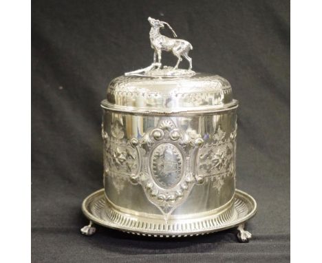Good Victorian silver plate biscuit barrell with in relief floral decoration and moose finial to lid, height 22cm approx
