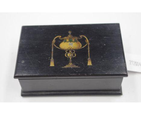 Vintage black lacquer ware trinket box with handpainted urn to centre of lid, width 10cm X depth 6.5cm