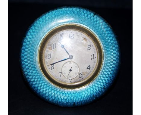 Guilloche enamel Swiss 8 day strut clock C:1910, height approx 8cm. As inspected.