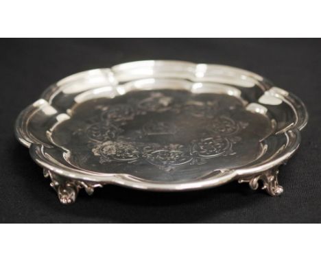 Victorian sterling silver card tray London 1854, makers Edward and John Barnard, engraved decoration, quad-footed, (diameter 