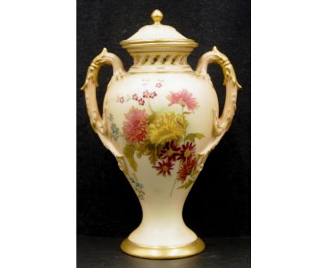 Early Royal Worcester hand painted lidded vase hand painted blossom decoration, pierced neck,  dual handles, with gilt decora