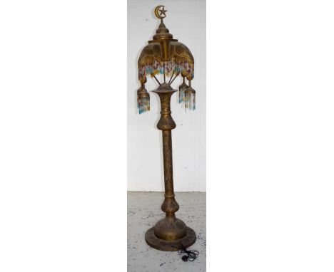 Vintage Turkish brass floor lamp with beaded drops, 209cm high approx