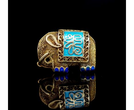 Mid C. Oriental silver filigree &amp; enamel elephant brooch in a gilt wash, marked S925 . Approx size 29x21mm