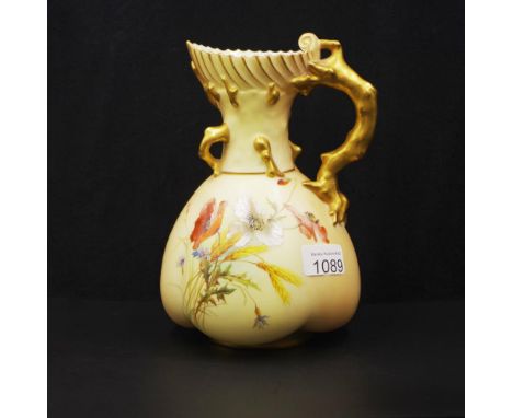 Royal Worcester hand painted blush ewer decorated with poppies. Gilded branch form handle. C:1900. 22.5cm high