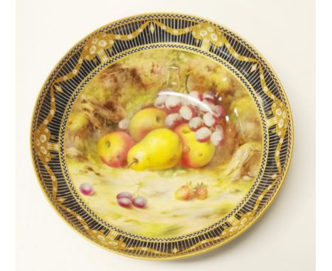 Antique Royal Worcester hand painted bowl signed F. Roberts (Frank), circa 1918, (hairline) depicting fruits in a landscape s
