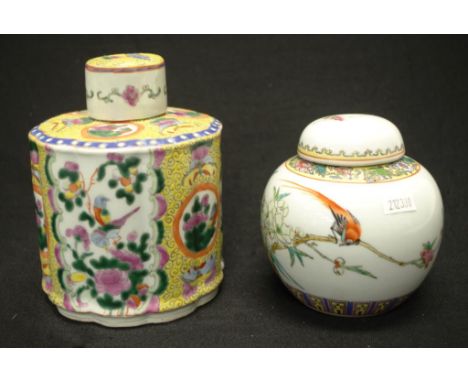 Good Chinese painted ceramic tea caddy painted bird and blossom decoration, decorated cover, (height 16cm approx); together w