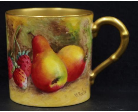 Royal Worcester hand painted coffee cup hand painted fruit decoration, signed W. HALE, gilt washed interior, marked to base, 