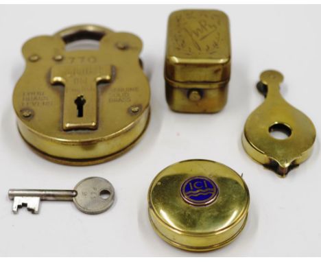 Antique brass padlock and other brass collectables including: a vintage Squire 'Old English' brass padlock with key, (height 