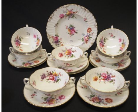 Eight R. Crown Derby Posies soup coupes &amp; saucers together with a serving plate (seventeen pieces in total)