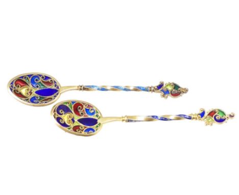 Pair 19thC Austro-Hungrian plique-a-jour teaspoons 800s silver. 10.5cm long. One dated 1893.