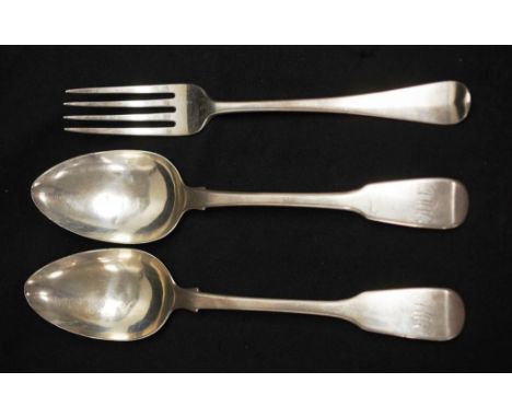 Three pieces George III  silver table cutlery including: pair serving spoons, London 1781, maker Edward Fernell, each monogra