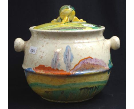 Clarice Cliff bizarre "Patina" biscuit barrel printed marks to base, C:1935.  16 cm high