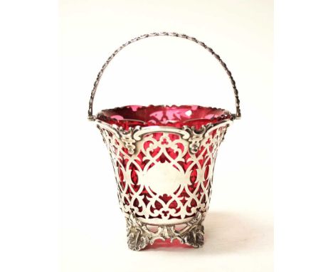 Victorian sterling silver &amp; ruby glass basket bowl London 1856, maker George Angel &amp; Company, pierced decoration, wit