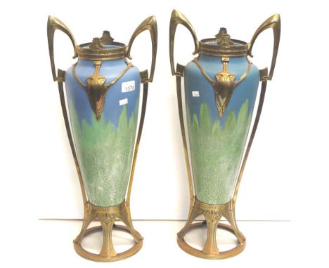 Pair of Austrian art nouveau secession vases in the style of Otto Eckmann, Austrian ceramic vase with ornate art nouveau moun