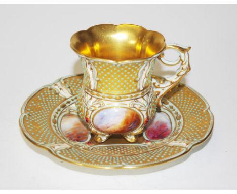 Rare Coalport jewelled ceramic cup &amp; saucer pseudo agate panels, gilt washed interior, marked to bases, circa 1880, (heig