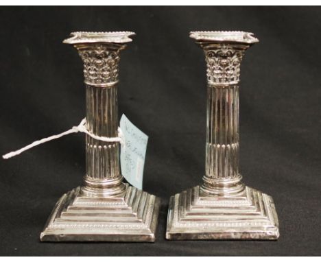 Pair Victorian sterling silver candlesticks Sheffield 1899, makers Walter Latham &amp; Son, Corinthian column design, with st