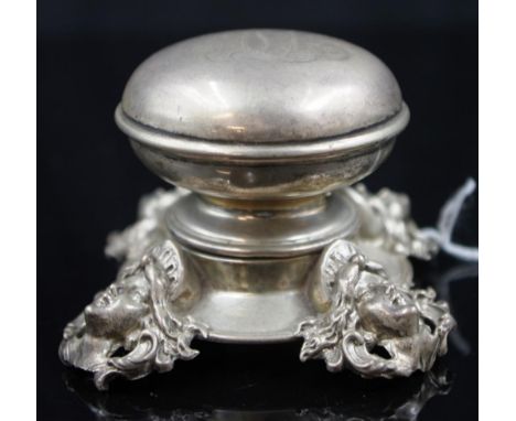 Sterling silver ink well marked Sterling, decorated with four ornate ladies head form feet, inscribed initials to lid, and in