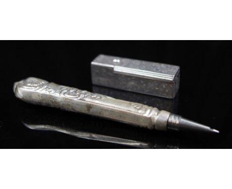 Early Continental silver decorated lipstick case with internal mirror, (length 6cm approx); together with a  ballpoint  pen.