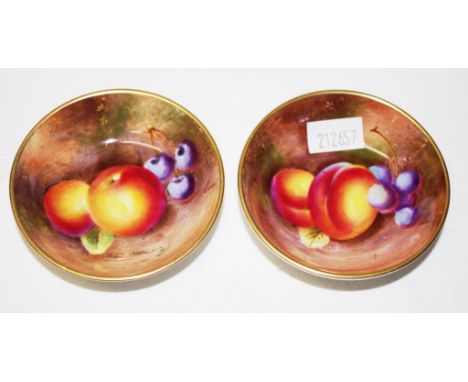 Pair Royal Worcester fruit decorated small dishes each marked to base, (diameter 7cm approx, each).
