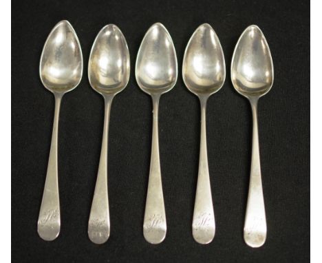 Five antique sterling silver grapefruit spoons London 1794 (1), and London 1802 (4), maker Thomas Wallace, each monogrammed, 