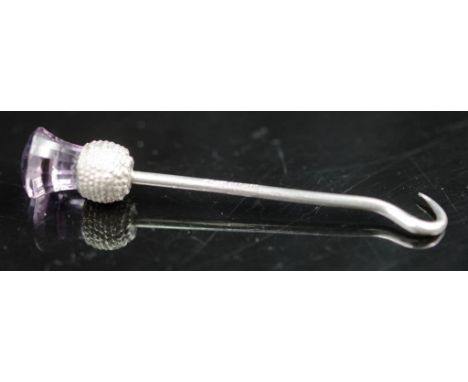 Sterling silver thistle button hook hallmarked 1912, with an amethyst glass top