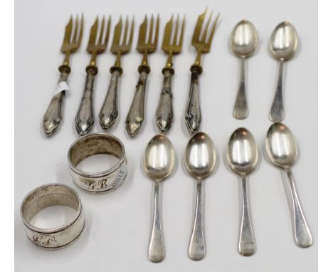 Six vintage silver (800) forks together with various EPNS serviette rings and teaspoons