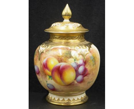 Royal Worcester lidded signed pot pourri vase hand painted fruit decoration, signed ROBERTS, with gilt decorated pierced lid,