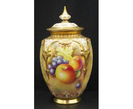 Royal Worcester lidded signed pot pourri vase hand painted fruit decoration, signed LEAMAN, pierced and gilded decoration to 