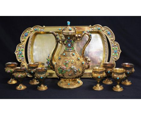 Good early Chinese decorated silver wine set comprising good set enamel and inset turquoise stone decorated silver wine ewer,