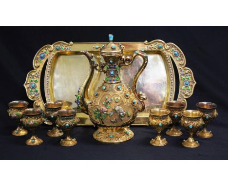 Good early Chinese decorated silver wine set comprising good set enamel and inset turquoise stone decorated silver wine ewer,