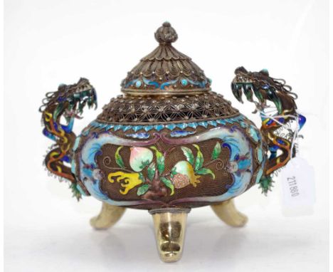 Good antique Chinese enamel &amp; silver gilt bowl with decorative cover, inset turquoise stone to finial, opening to traditi