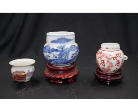 Three various Chinese painted bird feeders each painted ceramic bird feeder, with attachment for cage placement, 2 feeders wi