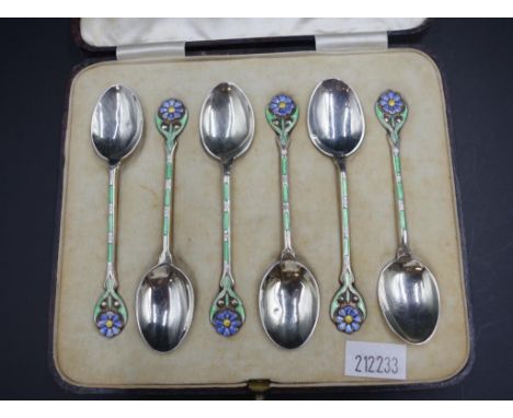 Cased six George VI silver &amp; enamel coffee spoons Birmingham 1937, makers Trevitt &amp; Sons, each spoon with enamel blos