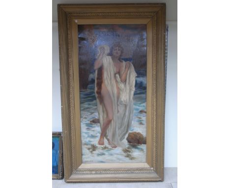 HERBERT BLANDE SPARKS: A 19th Century Art Nouveau style portrait of semi-clad female with rocks and sea to background. 126cm 