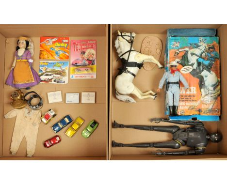 Collection of vintage and more modern action figures and clothing, diecast, etc, including: Gabriel Lone Ranger action figure