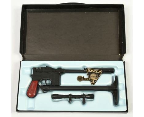 Lone Star The Man From Uncle attache case, black card briefcase containing diecast and plastic 7.63mm pistol, silencer, teles