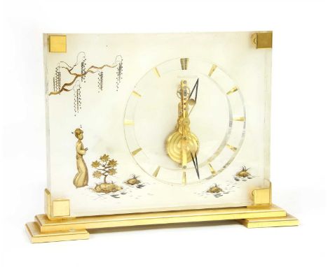 A Jaeger LeCoultre eight day skeleton mantel clock, with a figure within a garden setting in the Chinoiserie style, 16cm high