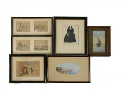 A collection of Maltese pictures and prints, to include two watercolours, with one showing a woman in traditional Maltese dre