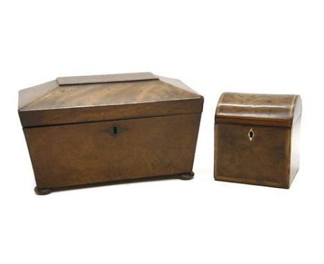 A George IV burr yew wood tea chest, with a domed cover and ivory lozenge escutcheon, 12cm wide, and a William IV mahogany sa