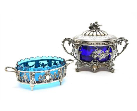 A French silver and glass bowl, by Paillard Feres, with turquoise liner and figural pierced decoration, together with a simil