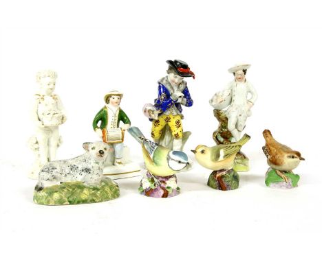 Three small Royal Worcester biscuit porcelain birds, a wren, a firecrest and a blue tit, 7cm, a 'Staffordshire' sheep and fou