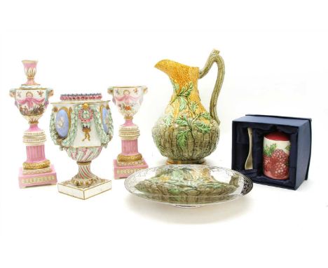 A large collection of ceramics and glass, to include a Continental porcelain pot pourri with faux jasper ware plaques, an Ayn